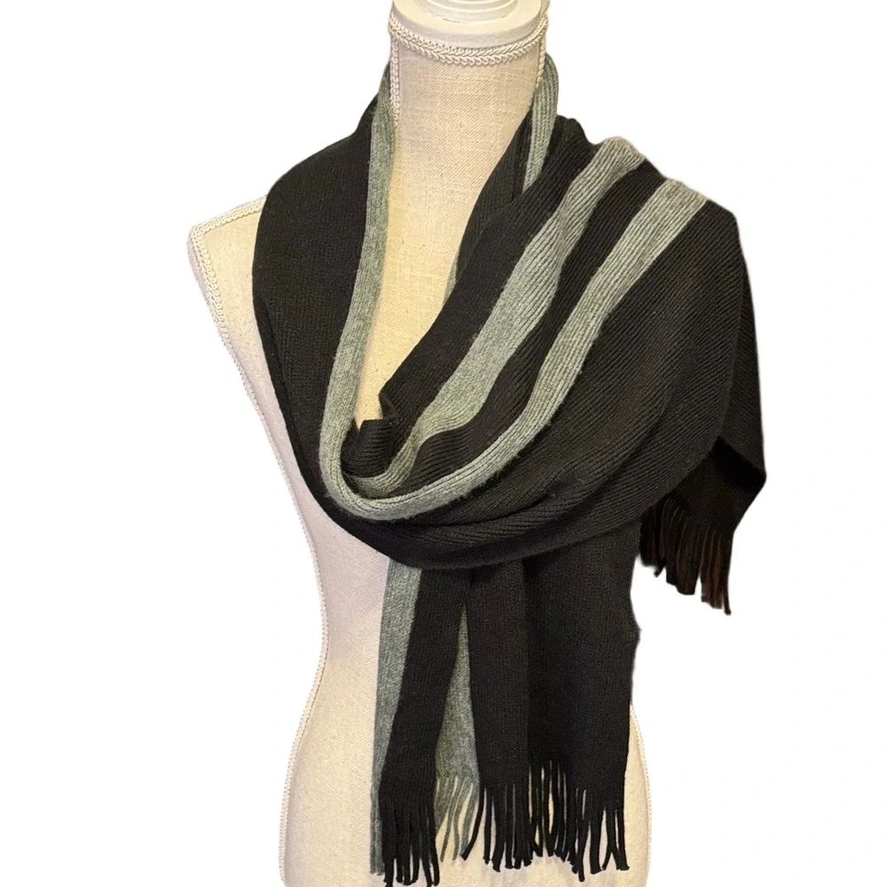 Black and Gray Contemporary Striped Men's Scarf with Fringe